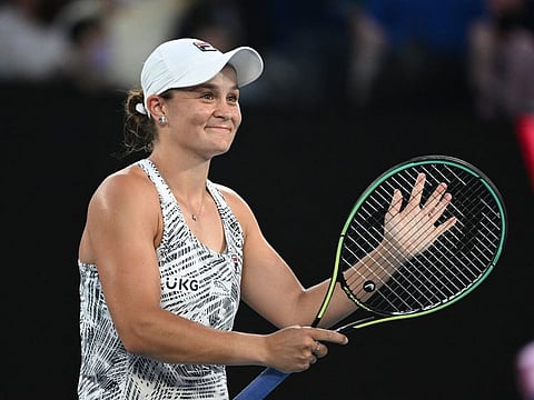 Australia's Ashleigh Barty celebrates winning her quarter final match against Jessica Pegula of the US.