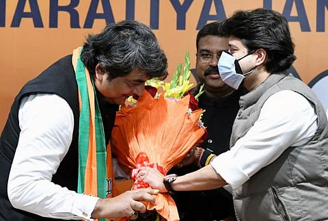 Union Minister for Civil Aviation Jyotiraditya Scindia congratulates former Union Minister and Congress leader RPN Singh for joining Bharatiya Janata Party (BJP), at the party headquarters, in New Delhi on Tuesday.