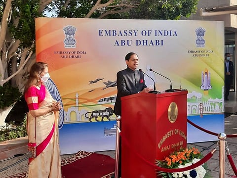 Indian Ambassador to the UAE Sunjay Sudhir addressing the 73rd Republic Day celebrations in Abu Dhabi on Wednesday.