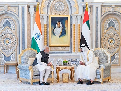 His Highness Shaikh Mohammad Bin Zayed Al Nahyan, Crown Prince of Abu Dhabi and Deputy Supreme Commander of the UAE Armed Forces, received Indian Prime Minister Narendra Modi at Qasr Al Watan in Abu Dhabi during his visit in 2019