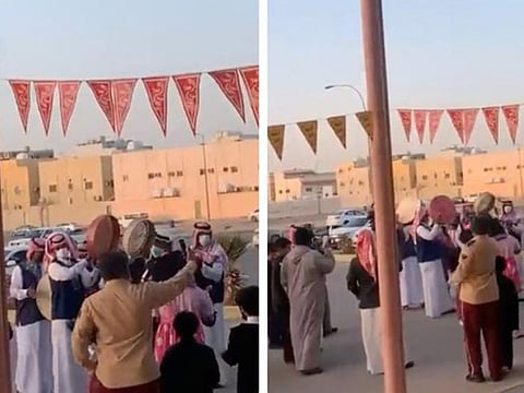 An online video showed the band playing amid a festive atmosphere outside the school, the location of which was not given.