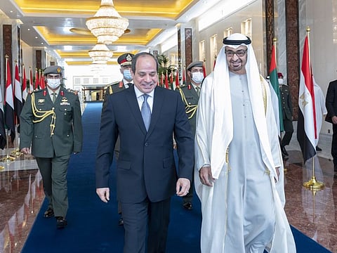 His Highness Sheikh Mohamed Bin Zayed Al Nahyan, Crown Prince of Abu Dhabi and Deputy Supreme Commander of the UAE Armed Forces, greets Egyptian President El-Sisi upon his arrival in Abu Dhabi on an official visit to UAE
