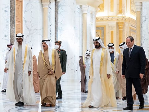 His Highness Sheikh Mohamed bin Zayed Al Nahyan, Crown Prince of Abu Dhabi and Deputy Supreme Commander of the UAE Armed Forces; His Majesty King Hamad bin Isa Al Khalifa of Bahrain; His Highness Sheikh Mohammed bin Rashid Al Maktoum, Vice President and Prime Minister of the UAE and Ruler of Dubai; and Abdel Fattah El-Sisi, President of the Arab Republic of Egypt
