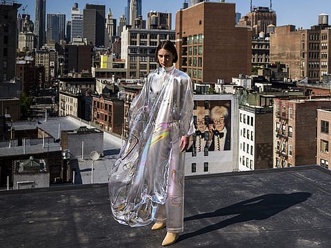 Iridescence, the first digital dress in the world, by digital fashion house 'The Fabricant' that sold online for $9500 (Dh35,000). The picture is real, and the dress is an NFT that has been edited onto the model for her digital presence.