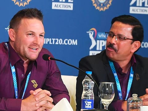 Brendon McCullum (left) and Kolkata Knight Riders CEO Venky Mysore at one of the IPL auctions.