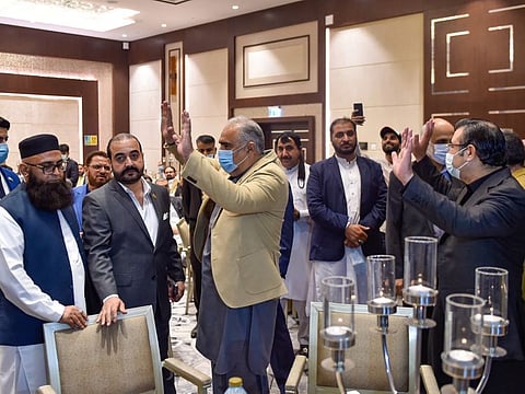 Asad Qaiser, Speaker, National Assembly of Pakistan and Muhammad Ayub Afridi, Advisor to the Prime Minister on Overseas Pakistanis and HRD, at the Pakistan community meet-up event at Metropolitan Hotel in Dubai. 27th January 2022. Photo: Ahmed Ramzan/ Gulf News