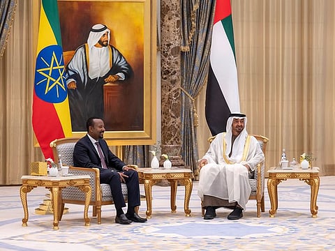 His Highness Sheikh Mohamed bin Zayed Al Nahyan (R) with Abiy Ahmed (L), Prime Minister of Ethiopia, in Abu Dhabi on Saturday