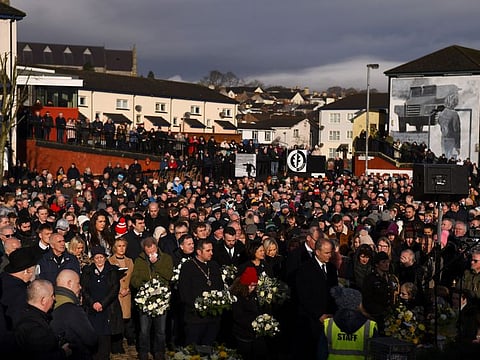 Sinn Fein President Mary Lou McDonald, Northern Ireland's Deputy First Minister Michelle O'Neill, Ireland's Prime Minister (Taoiseach) Micheal Martin and Ireland's Minister for Foreign Affairs Simon Coveney, attend a memorial service to mark the 50th anniversary of 'Bloody Sunday' in Londonderry, Northern Ireland, January 30, 2022.