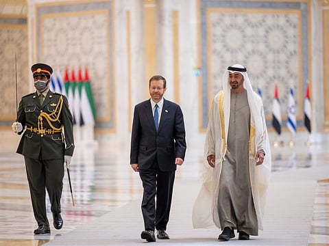 His Highness Sheikh Mohamed bin Zayed Al Nahyan (R) and President of Israel Isaac Herzog (L)