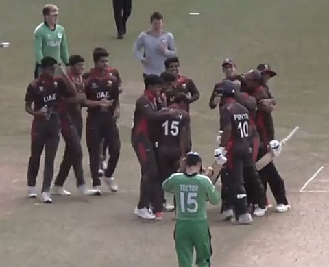 The UAE team players celebrating their victory over Ireland in the Plate final of the ICC Under-19 World Cup.