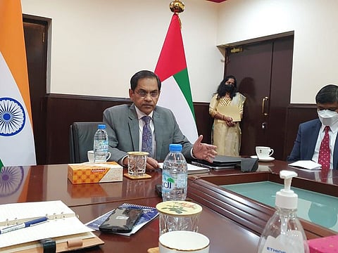 Sunjay Sudhir, India's Ambassador to the UAE, during the media briefing in Abu Dhabi today.
