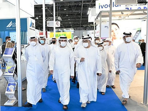 Sheikh Hamdan bin Mohammed bin Rashid Al Maktoum (second from left) touring AEEDC Dubai 2022 on Tuesday at Dubai World Trade Centre