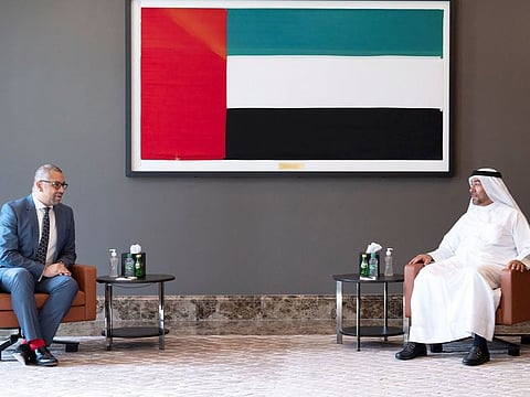 Ahmed Ali Al Sayegh, UAE Minister of State, with James Cleverly, British Minister of State for Middle East and North Africam during their meeting in Abu Dhabi today.