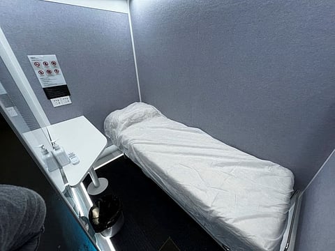 General view of the interior of a sleeping cabin placed in the 2022 Winter Olympics main media centre in Beijing.