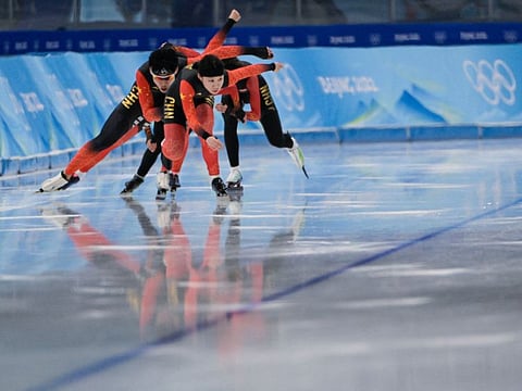 Chinese athletes take part in a training session at the National Speed Skating Oval in Beijing, ahead of the 2022 Winter Olympic Games.