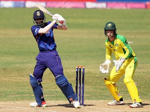 Indian captain Yash Dhull plays pull during his century in the ICC Under-19 World Cup 2022 semi-final against Australia at Coolidge Cricket Ground in Antigua on Wednesday.