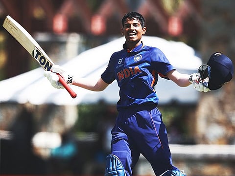 India's Yash Dhull celebrates his century during the ICC U19 Men's Cricket World Cup 2022 Semi Final match between India and Australia, at Coolidge Cricket Ground in Antigua on Wednesday.