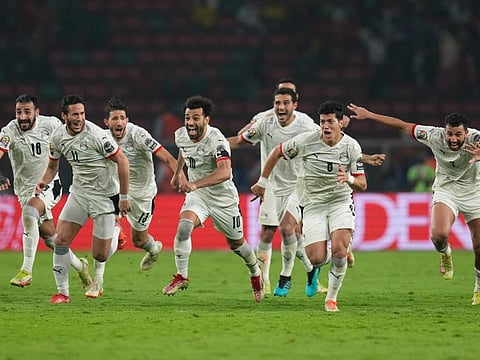 Egypt's Mohamed Salah and teammates celebrate after winning the African Cup of Nations 2022 semifinal match against Cameroon at the Olembe stadium in Yaounde, Cameroon.