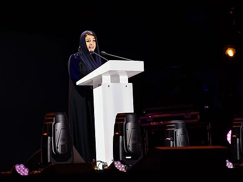 Reem Al Hashimi addresses dignitaries from the Jubilee Stage at Expo 2020 Dubai on Friday.