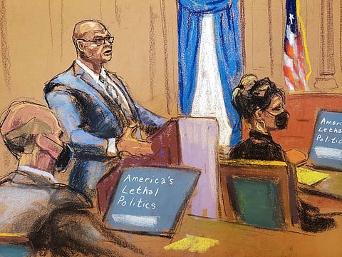 Sarah Palin sits in court near James Bennet, former editorial page editor for the New York Times, as lawyer Shane Vogt makes opening statements in her defamation lawsuit trial against the New York Times, at the United States Courthouse in the Manhattan borough of New York City, on February 3, 2022 in this courtroom sketch.