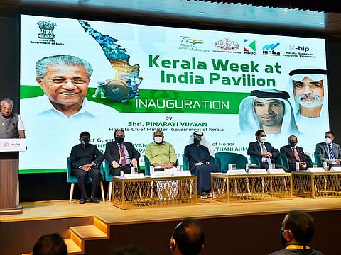 Pinarayi Vijayan addresses the gathering in the presence of Dr Thani Bin Ahmed Al Zeyoudi, P. Rajeev and other dignitaries during the inauguration of Kerala Week at Expo 2020 Dubai.