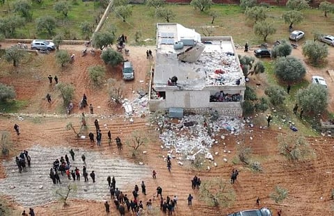 A building destroyed in the aftermath of a counter-terrorism mission conducted by the US Special Operations Forces is seen in Atmeh, Syria, on February 3, 2022.