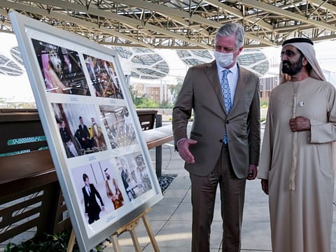 His Highness Sheikh Mohammed bin Rashid Al Maktoum with King Philippe of Belgium at Expo 2020 Dubai today.