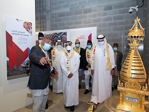 Yacoub Yousef Al Hosani (centre), Krishna Prasad Dhakal (left) and Najeeb Mohammed Al-Ali (right), Executive Director, Commissioner-General's Office, Expo 2020 Dubai, visit the Nepal Pavilion during Nepal National Day celebrations at Expo 2020 Dubai on Friday.