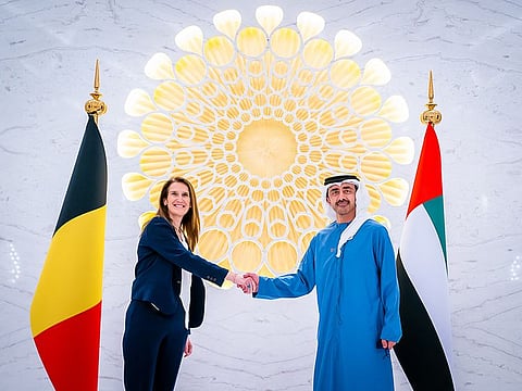 Sheikh Abdullah bin Zayed Al Nahyan (R) with Sophie Wilmès (L), Deputy Prime Minister and Minister of Foreign Affairs of Belgium, at Expo 2020 Dubai on Saturday