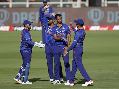 India's Prasidh Krishna celebrates the dismissal of West Indies Jason Holder during the first ODI match between India and West Indies, at Narendra Modi Stadium in Ahmedabad.