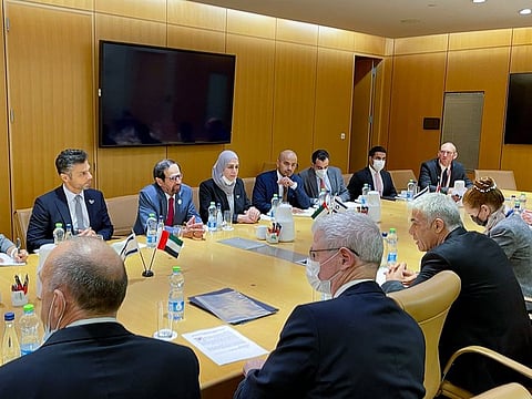 The UAE delegation (L) and Israeli hosts (R) in Tel Aviv on Monday