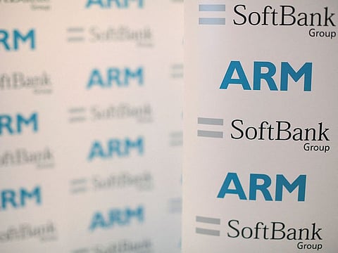 An ARM and SoftBank Group branded board is displayed at a news conference in London, Britain July 18, 2016.