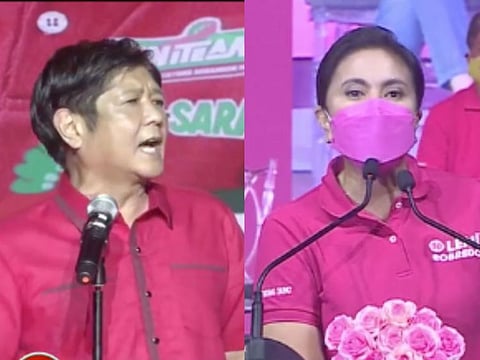 Former Senator Ferdinand Marcos Jr. (left) speaks at his proclamation rally at the Philippine Arena in Bulacan province near Manila on Tuesday, while Vice President Leni Robredo launched her presidential bid in her hometown in Bicol region.
