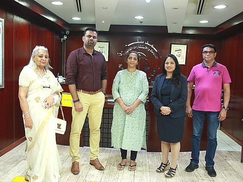 Khushbuben (centre) with Kusum Datta and Ranjit Kodoth of IPF, on the left, and Bindu Chettur of PBSK and Joby Chittapilly, PRO for Mayank Kumar Ambala Patel, in Dubai, ahead of her departure to India on Saturday.