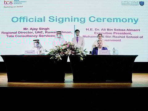 Officials at the signing of the memorandum of understanding between MBRSG and TCS at India Pavilion in Expo 2020 Dubai on Monday.