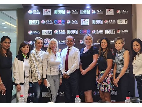 Members of the EAGL Ladies' Masters main committee with EAGL Chairman Sudesh Aggarwakl and League Administrator Priyaa Kumaria, left