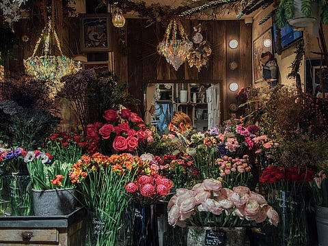 Flowers on sale at a florist in Paris, France.