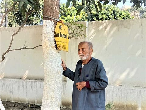 90-year-old Bholanath Alok stands by an urn with his wife's ashes hanging from a tree in his garden in Patna.