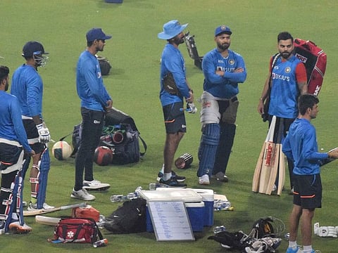 Members of Team India, including Virat Kohli and Rishabh Pant, during their first practice session at the Eden Gardens ahead of the T20 series against West Indies on Monday.