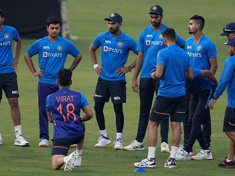 Indian players attend a training session ahead of the first Twenty20 match against West Indies in Kolkata yesterday. India will be playing a three-match T20 and two Tests against Sri Lanka next.