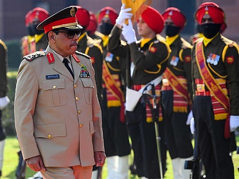 Commander of Royal Saudi Armed Forces of Saudi Arabia Fahd Bin Abdullah Mohammad Al Mutair inspects the guard of honour prior to a meeting with India Army Chief General MM Naravane (not pictured) in New Delhi on February 15, 2022.