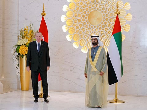 Sheikh Mohammed bin Rashid Al Maktoum (R) with Turkish President Recep Tayyip Erdoğan at Expo 2020 Dubai on Tuesday