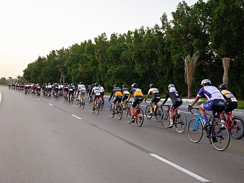 Participants en route from Abu Dhabi to Jebel Hafeet in the first edition of the Khalifa University 190-km cycling challenge.