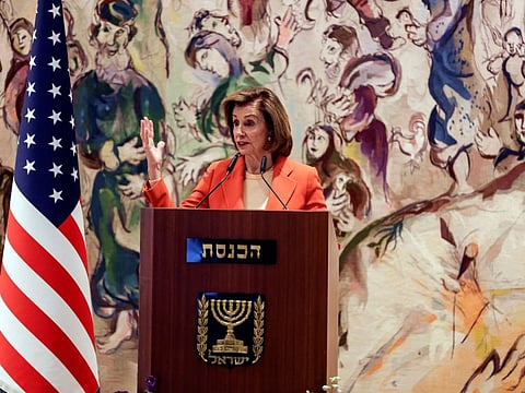 US House Speaker Nancy Pelosi addresses an audience at Chagall Hall in the Knesset, Israel's parliament, in Jerusalem, February 16, 2022.