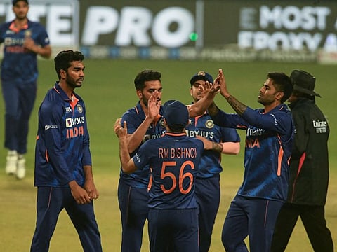 India's players celebrate after the dismissal of West Indies' Akeal Hosein during the first Twenty20 International at the Eden Gardens in Kolkata on Wednesday.