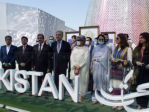 (From L-R) Rizwan Tariq, Director General Dubai Expo; Consul General Hassan Afzal Khan, Ambassador Afzaal Mahmood with Foreign Minister Shah Mahmood Qureshi during his visit to Pakistan Pavilion at Expo 2020 Dubai on Thursday.