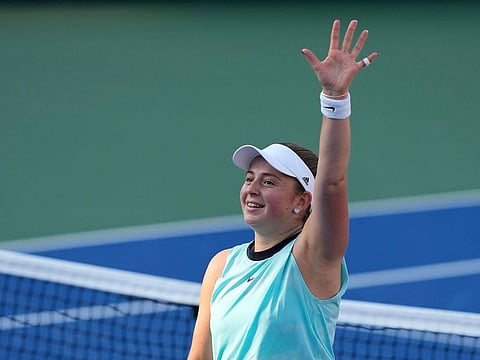 Jelena Ostapenko celebrates after defeating Petra Kvitova at the Dubai Duty Free Tennis Championship