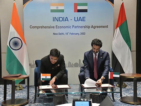 UAE Minister of Economy Abdulla bin Touq Al Marri and Piyush Goyal, Indian Minister of Textiles, Minister of Commerce and Industry and Minister of Consumer Affairs, Food and Public Distribution on the occasion of signing Comprehensive Economic Partnership Agreement between the two nations.