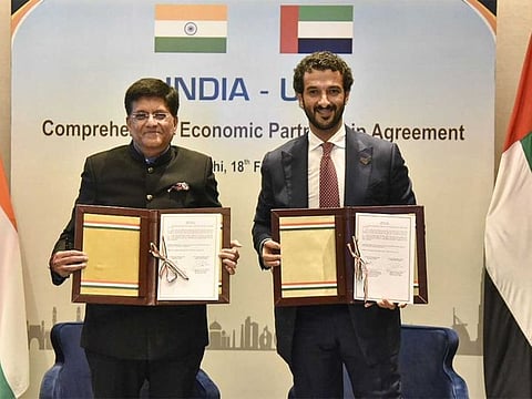 UAE Minister of Economy Abdulla bin Touq Al Marri and Piyush Goyal, Indian Minister of Textiles, Minister of Commerce and Industry and Minister of Consumer Affairs, Food and Public Distribution on the occasion of signing Comprehensive Economic Partnership Agreement between the two nations.