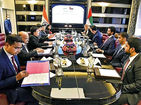 When it all happened. The CEPA trade deal between UAE and India was signed in February, and sets up the possibility for a sharp rise in trade activity. At the same time, it will widen the scope for investment flows. (File picture of the UAE delegation led by Minister of Economy, Abdulla bin Touq Al Marri and Minister of State for Foreign Trade, Thani bin Ahmed Al Zeyoudi, with Indian Minister of Commerce & Industry, Piyush Goyal.)